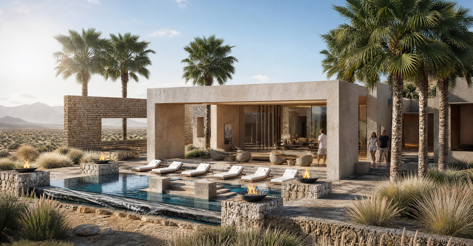 Luxury desert villa with private pool, outdoor lounge area, shaded pavilion, and palm grove setting
